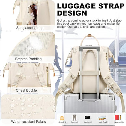 Lunch Backpack, 15.6 inch Laptop Backpack with Insulated Lunch Bag, Backpack Cooler for Women, Large Travel Backpack Lunch Box Compartment, Work Computer Backpack, Teacher College Book Bag, Beige