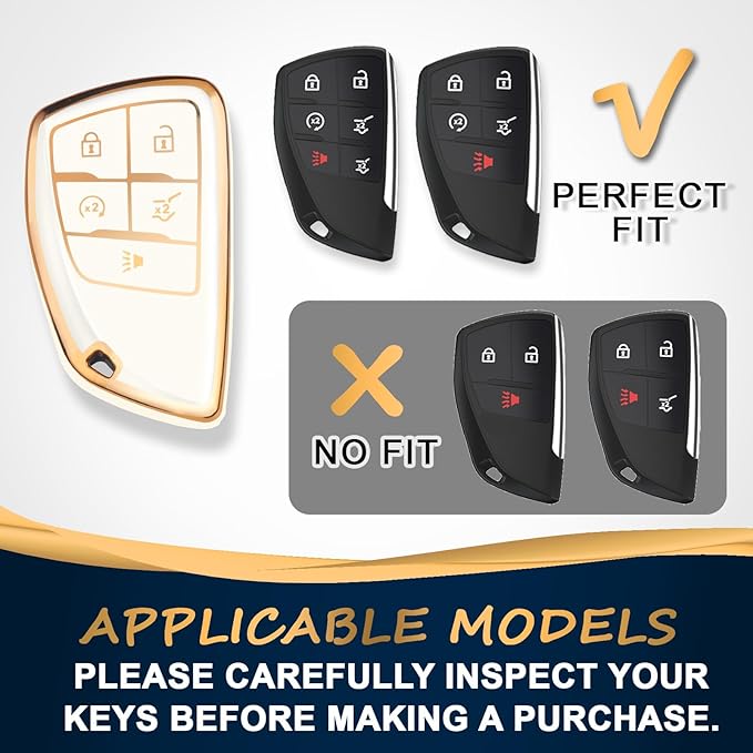 QBUC for Chevy Key Fob Cover with Keychain Soft TPU Protection Case Compatible with 2021-2026 Chevy Tahoe Suburban Equinox Blazer GMC Yukon Denali Silverado 5-Buttons(Gold Trim Ivory)