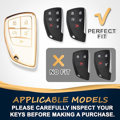QBUC for Chevy Key Fob Cover with Keychain Soft TPU Protection Case Compatible with 2021-2026 Chevy Tahoe Suburban Equinox Blazer GMC Yukon Denali Silverado 5-Buttons(Gold Trim Ivory)