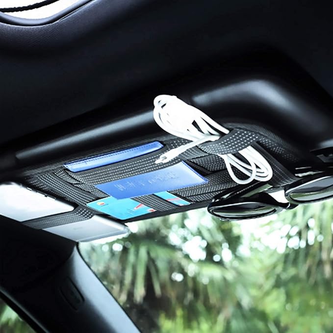 Car Sun Visor Organizer, Auto Interior Accessories Pocket Organizer, Car Visor Storage Anti-Slip Elastic Woven Board Personal Belonging Storage Pouch, Interior Accessories Pocket Organizer (Black)