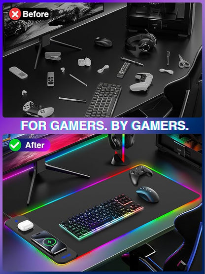 Magnetic Charging Mouse Pad 31.5x15.75, 15W Fast Wireless Charging Desk Mat, XXL Desk Pad RGB Gaming Mousepad, Home Office Large Keyboard Pad with Ultra-Smooth Surface, Non-Slip Base