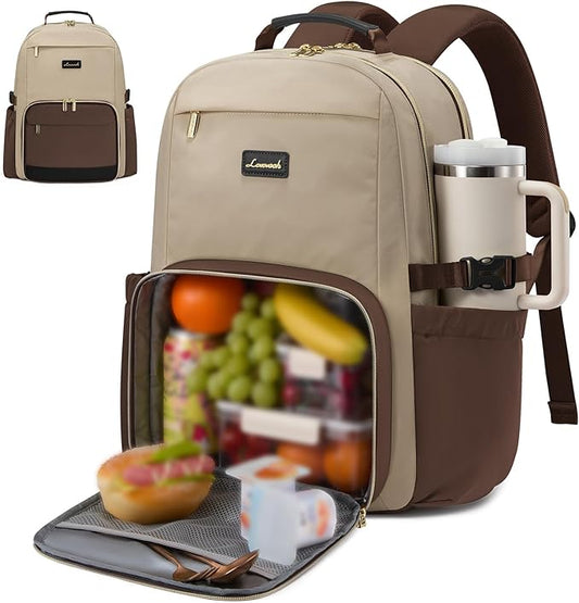 LOVEVOOK Lunch Backpack with Lunch Compartment,15.6Inch Laptop Work Travel Insulated Cooler Backpack,Waterproof College Teacher Lunch Bag Box with Tumbler Holder,Gifts for Men Women,Khaki-Coffee-Black