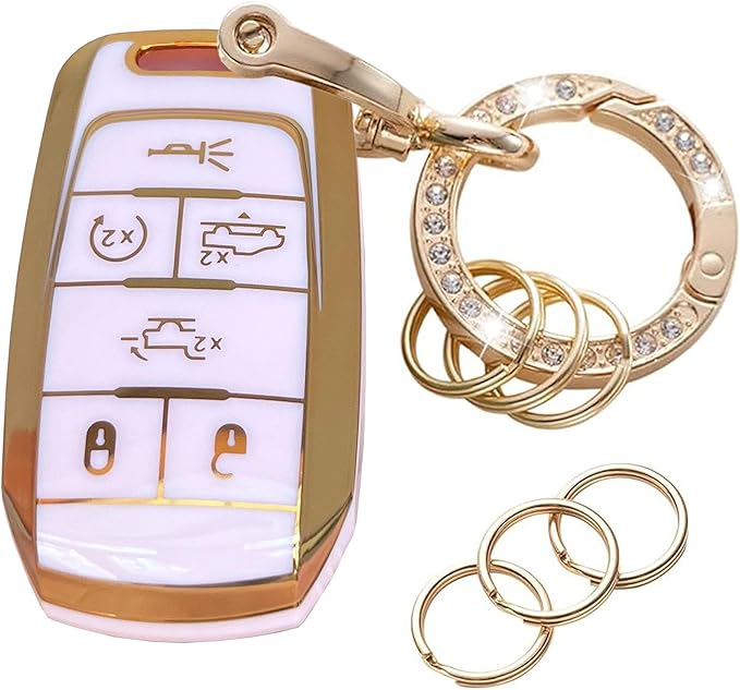 Key Protective Shell for RAM Key Fob Cover with Keychain Fit for RAM 1500 2500 3500 Smart Key Case Accessories (6-Button-Pink-Gold)