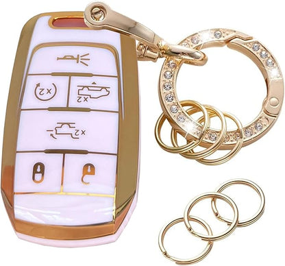 Key Protective Shell for RAM Key Fob Cover with Keychain Fit for RAM 1500 2500 3500 Smart Key Case Accessories (6-Button-Pink-Gold)