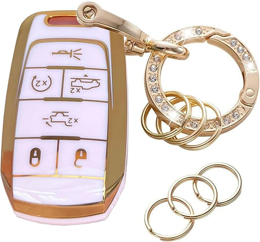 Key Protective Shell for RAM Key Fob Cover with Keychain Fit for RAM 1500 2500 3500 Smart Key Case Accessories (6-Button-Pink-Gold)
