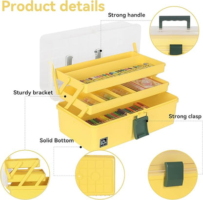 WEWLINE 13-Inch Art Box Sewing Storage Organizer 3-Layers Craft Storage Organizer with Handle Plastic Storage Boxes Organizers for Kids Student Artist,Yellow