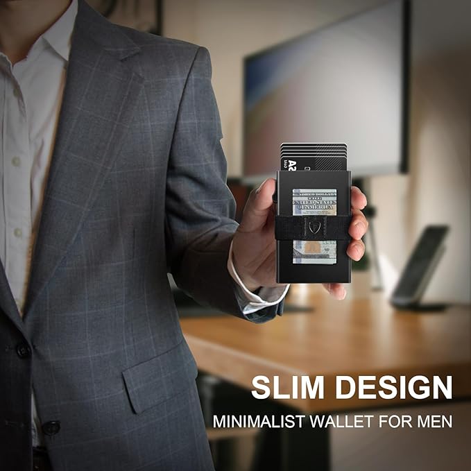 TOYFID Minimalist Wallet for Men,Slim Wallet Compatible with AirTag,Card Holder Metal Wallet,Pop Up Wallet,Metal Card Holder,Quick Access Card,Rfid Blocking Protection,Hold 12+ Credit Cards (Black)