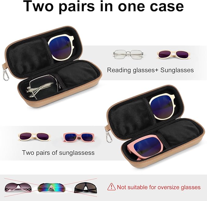Double Eyeglasses Case Hard Shell Dual Sunglasses Organizer with Zipper Closure Travel Eyewear Storage for Vehicle