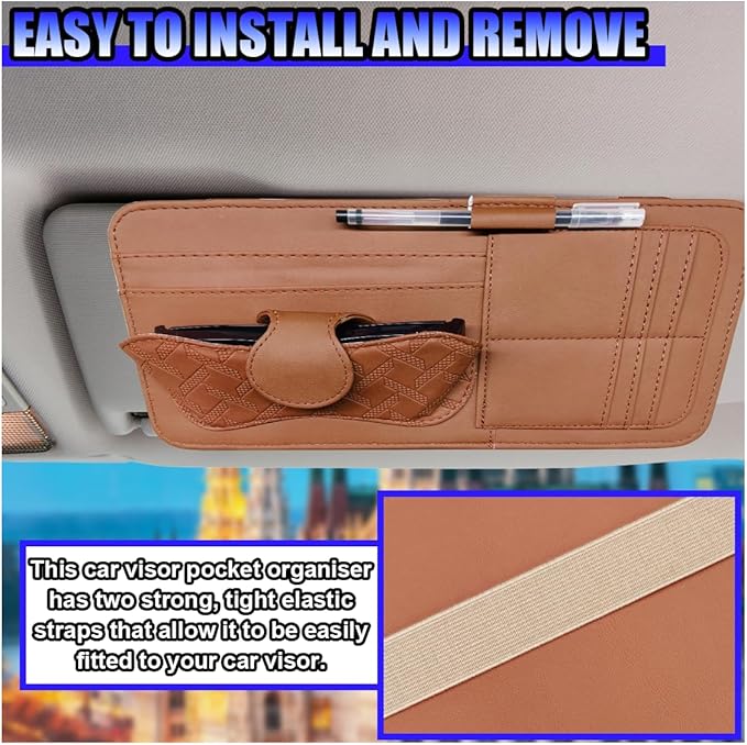 Car Sun Visor Organizer, Vehicle Sunglasses Holder, Automotive Storage Pocket for Pen, Glasses, Ticket, Card, Auto Interior Accessories Pocket for Car, SUV, Truck (Brown)