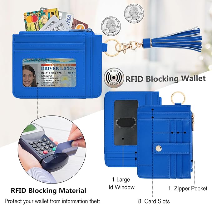 KNGITRYI Wallet Keychain Wristlet for Women,Slim RFID Credit Card Holder Purse Tassel Keychain Bangle Key Ring for Men Women