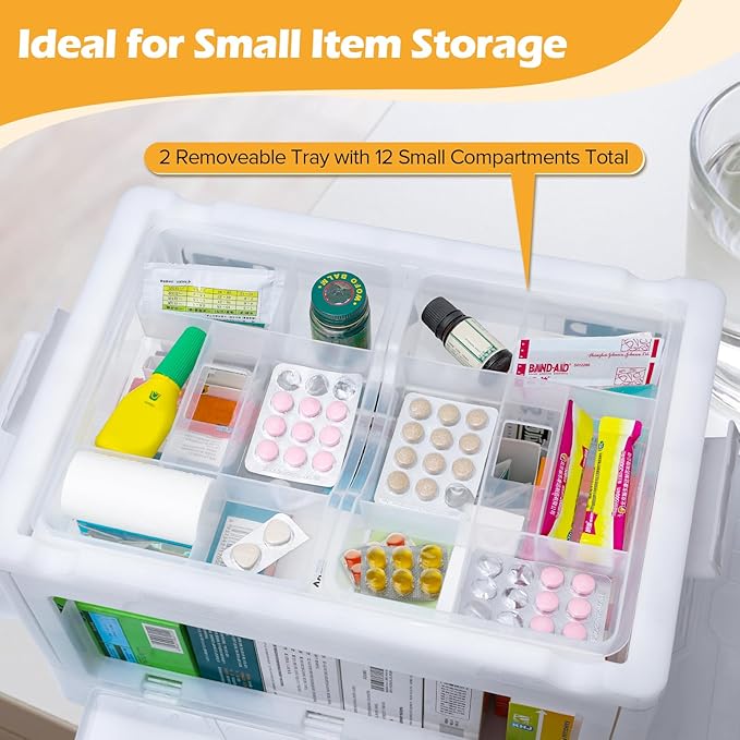 Gifhomfix Extra Large Medicine Storage Box with Handles, First Aid Box Clear Medical Supply Organizer with Removable Tray, Multipurpose Plastic Medicine Chest with Wheels