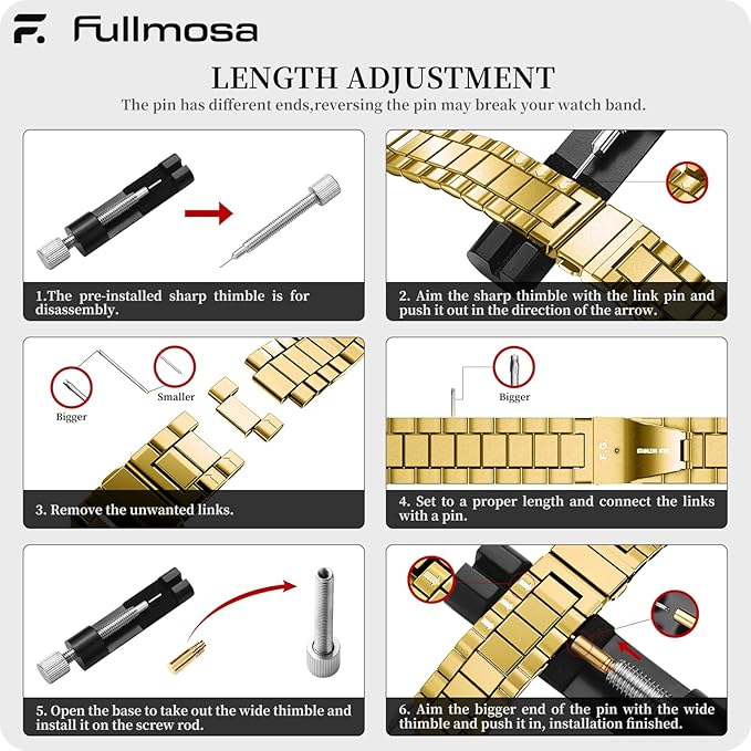 Fullmosa 20mm Stainless Steel Watch Band, Quick Release Metal Replacement Strap with Removable Links, Includes Spring Bars & Link Removal Tool for Men Women (Golden)