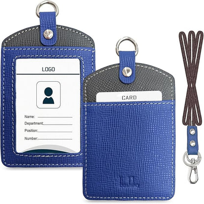 Badge Holder: Boshiho Cowhide Leather ID Badge Card Holder with 19" Neck Lanyard, Vertical Style (Blue-Dark Gray)