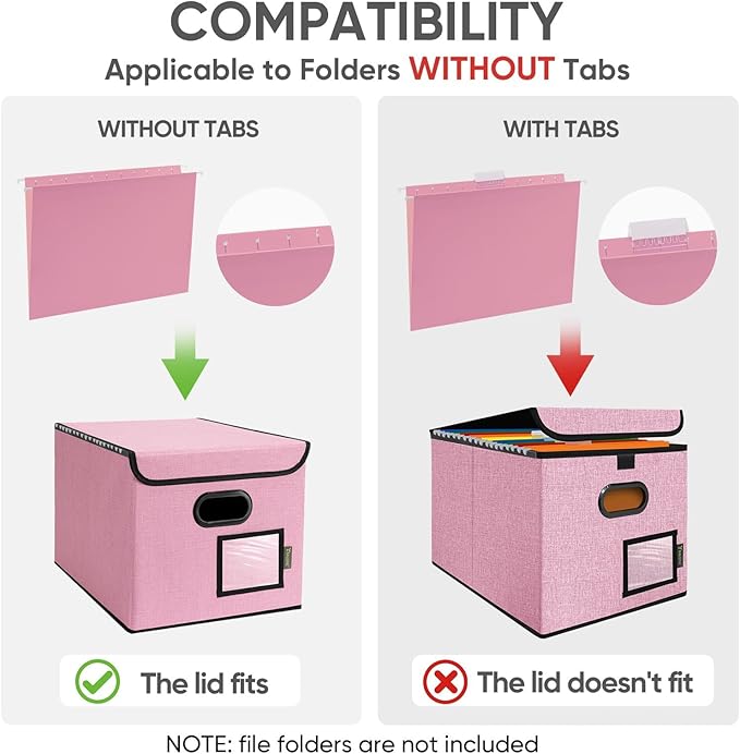 BALEINE File Organizer Box with Lid, Collapsible File Folder Organizer with Plastic Slide, Hanging File Folder Box for Office Document Storage (1 Pack, Pink)