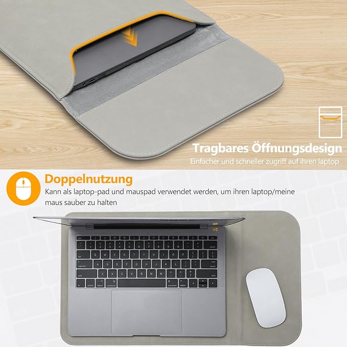 HYZUO 13.3-14 Inch Laptop Sleeve Case for MacBook Pro 14 M5/M4/M3/M2/M1 Pro/Max A3426 A3427 2026-2021, 13.3" MacBook Air/Pro, 13.5-13.8 Surface Laptop, HP Envy 13, Faux Suede Leather, Light Gray