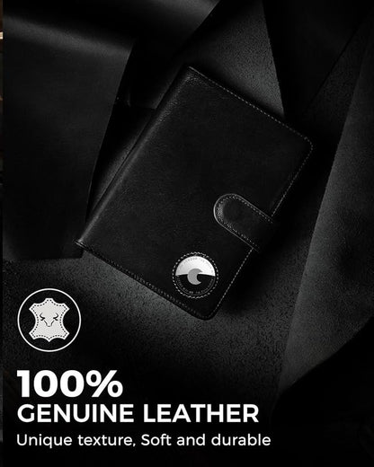 LORZOR Passport Holder for Travel: Full Grain Leather Passport Cover with Airtag Holder Magnetic Buckle for Men - RFID Blocking Bifold Wallet for Air Ticket Card Cash Coin (Black)