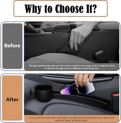 Dual Slot Car Seat Gap Organizer with Cup Holder, Universal Auto Gap Filler Strip 2 Pack with Seat Belt Holes, Carseat Side Gap Guard Spacer Accessories to Fill The Space Between Front Seat & Console