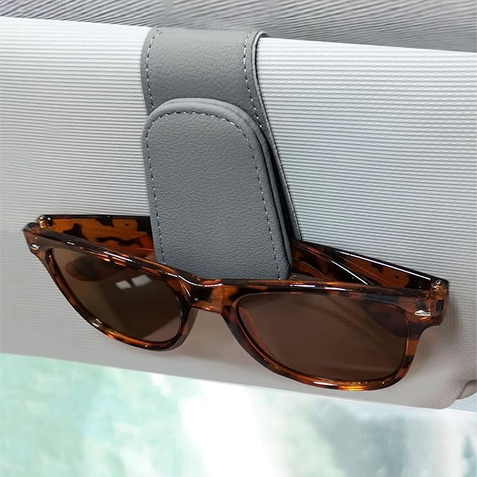 EldHus Sunglass Holder for Car Visor - 2 Pack Magnetic Car Glasses Holder Clip, Leather Eyeglass Holder for Car, Universal Sunglasses Clip for Car Visor, Gray