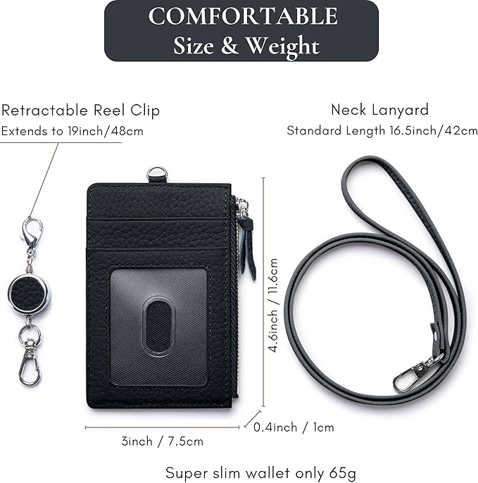 2-in-1 Leather ID Badge Holder with Wallet for Work, Multifunction ID Case with Credit Card Slots & Cash Coin Pocket, Slim Wallet with Lanyard for Women Men Nurse Teacher (Black)