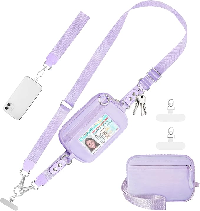 Tiostep Clip and Go Strap for Phone with Wallet Crossbody Phone Lanyard Adjustable and Detachable RFID Wristlet Wallet with ID Window and Zipper, Purple