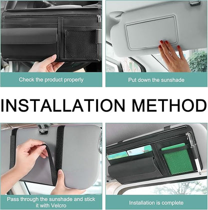 MLY Car Sun Visor Organizer, Leather Sunglasses Note Pen Card Holder with Multi-Pocket Net Zipper Storage Bag, Scratch-Resistant Car Sun Visor Organizer for Truck, Cars Interior Accessories (Black)