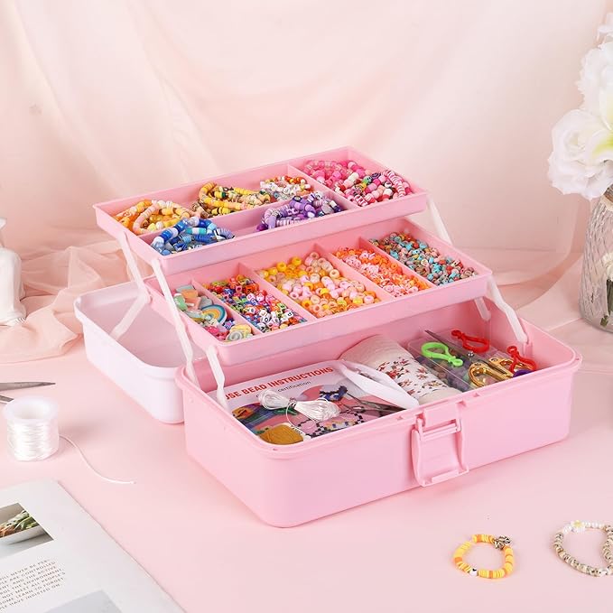Hair Accessories Organizer, Tackle Box Craft Storage Portable Folding Toolbox, Plastic Tool Box with Handle for Sewing Supplies, Medicine, Art Supplies, Nails Accessories 12.5inch Dusty Pink