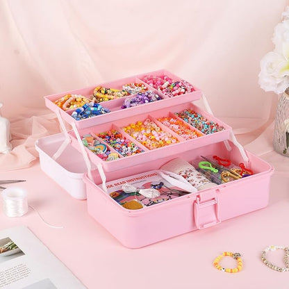 Hair Accessories Organizer, Tackle Box Craft Storage Portable Folding Toolbox, Plastic Tool Box with Handle for Sewing Supplies, Medicine, Art Supplies, Nails Accessories 12.5inch Dusty Pink