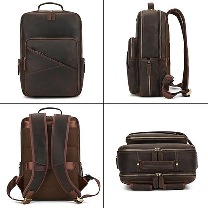 Vintage Full Grain Leather Backpack for Men, 16" Laptop Rucksack For Men Hiking Trave Work Business Bag, Dark Brown