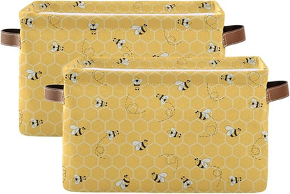 Storage Basket Cute Animal Bee Collapsible Storage Bins Canvas Fabric Baskets for Organizing Toy with Handle for Bedroom Nursery Office, 2PCS
