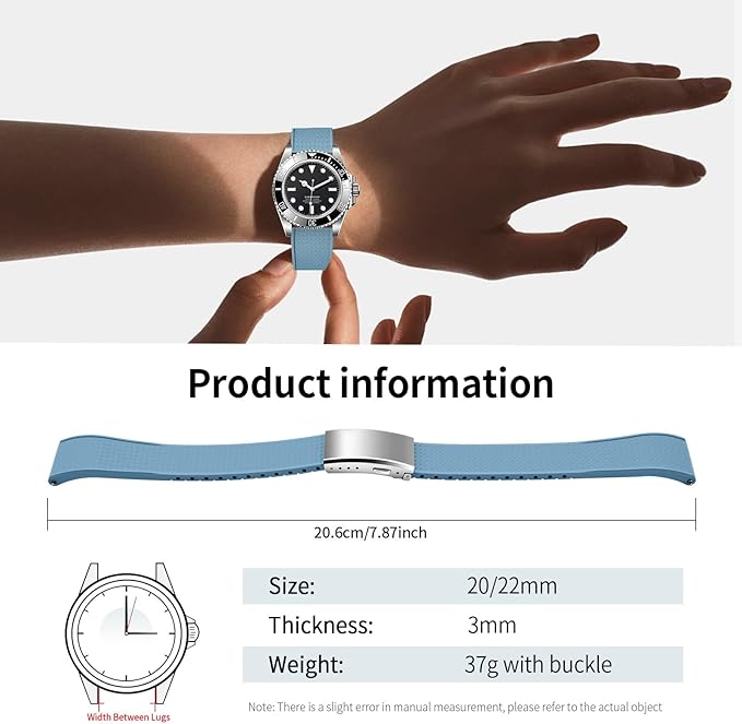 ULLCHRO FKM Rubber Watch Strap, Cut to Size Quick Release Fluororubber Watch Band Soft Replacement Watchband with Silver Milled Clasp for Men Women 18mm 19mm 20mm 21mm 22mm