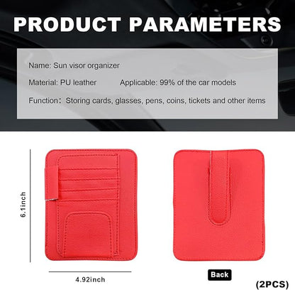 Dickno 2PCS Small Leather Car Sun Visor Organizer, Multifunctional Auto Visor Document Holder with Sunglasses Clip, Universal Car Interior Organizer for Drving License, Card, Pen (Red)