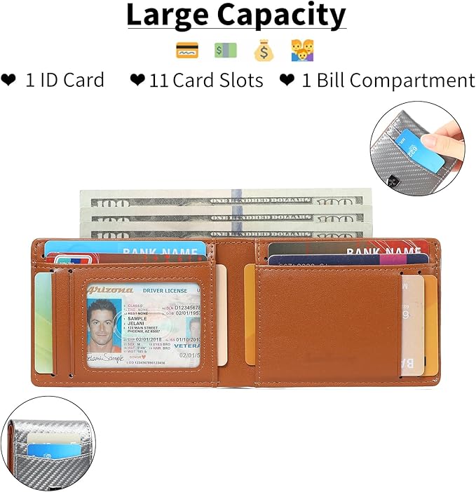 Mens Wallet Leather Credit Card Holder Slim Bifold RFID Blocking Front Pockets Minimalist Wallets for Men with ID Window