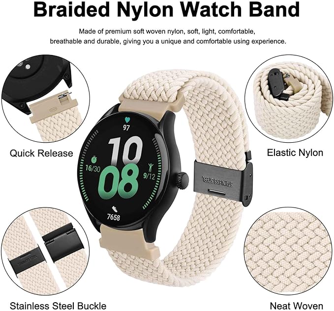 WOCCI 22mm Braided Nylon Watch Band for Men and Women, Quick Release, Black Stainless Steel Buckle (Starlight)