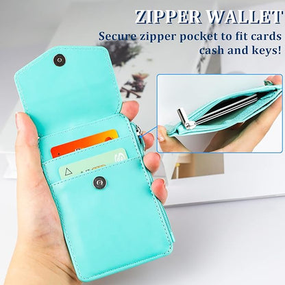 Teskyer Leather Badge Holder with Lanyard and Retractable Badge Reel, 4 Card Slots ID Card Holder with 1 Zipper Pocket for Office School Name Work IDs, Green