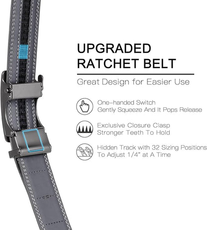 SENDEFN Men's Leather Belt Automatic Ratchet Buckle Slide Belt for Dress Casual Trim to Fit with Gift Box