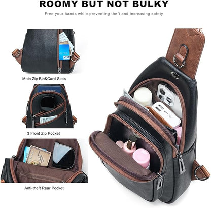 Leresas 7L Crossboydy Sling Bag for Women Vegan Leather Crossbody Purse Fanny Pack Chest Bag for Travel,Black Brown