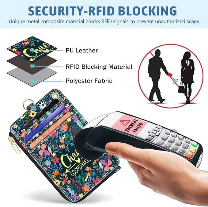 Piefly Flowers Lanyard Wallet with ID Badge Holder, Small RFID Wallet Women Keychain Wristlet, Slim Credit Card Holder with Zipper Pocket Phone Lanyard Wrist Strap Name Tag Woman Office Teacher Gift