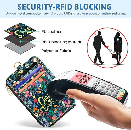 Piefly Flowers Lanyard Wallet with ID Badge Holder, Small RFID Wallet Women Keychain Wristlet, Slim Credit Card Holder with Zipper Pocket Phone Lanyard Wrist Strap Name Tag Woman Office Teacher Gift