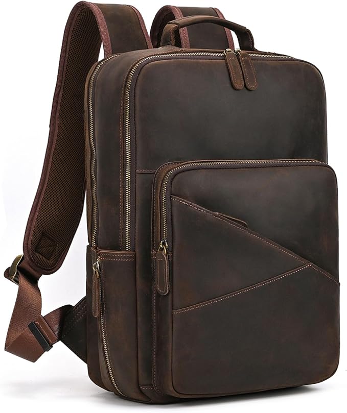 LUUFAN Vintage Genuine Leather Backpack Large Capacity 16" Laptop Shoulder Bag for Men Overnight Weekender Daypack Rucksack, Dark Brown