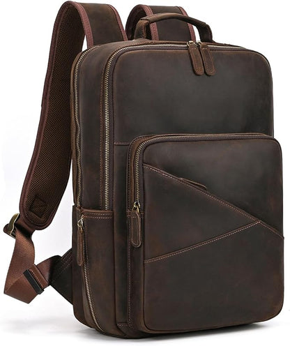 LUUFAN Vintage Genuine Leather Backpack Large Capacity 16" Laptop Shoulder Bag for Men Overnight Weekender Daypack Rucksack, Dark Brown
