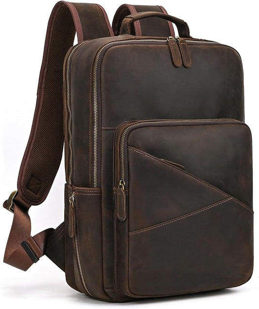 LUUFAN Vintage Genuine Leather Backpack Large Capacity 16" Laptop Shoulder Bag for Men Overnight Weekender Daypack Rucksack, Dark Brown