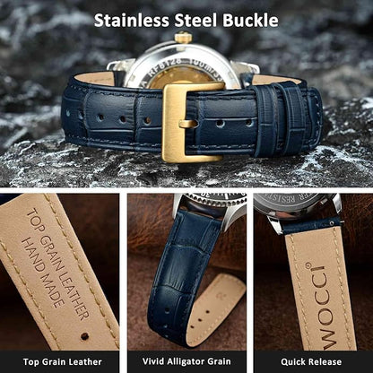 WOCCI Watch Bands, Top Grain Leather, Embossed Alligator Grain, Quick Release, Band Width 18mm 20mm 22mm