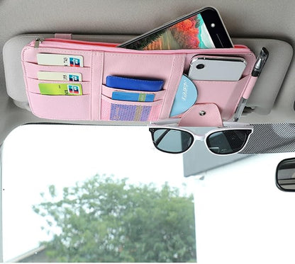 Car Sun Visor Organizer, Multifunctional Leather Sun Visor Organizer Sunglass Holder with Zipper for Car Interior Truck Accessories Men Women (Pink)