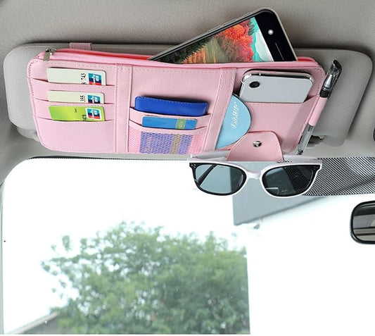 Car Sun Visor Organizer, Multifunctional Leather Sun Visor Organizer Sunglass Holder with Zipper for Car Interior Truck Accessories Men Women (Pink)