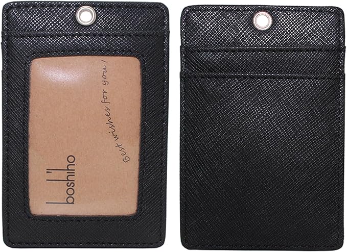Boshiho Vertical Style Leather ID Card Badge Holder with Heavy Duty Lanyard (Black)