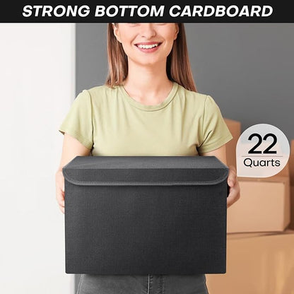 Bagnizer Large 22 Quart Linen Fabric Foldable Storage Bin Cube Organizer Basket with Flip-Top Lid & Handles, Clothes Blanket Box for Home, Office, Closet, Black, 4 Pack 14.6 x 9.5 x 9.5”