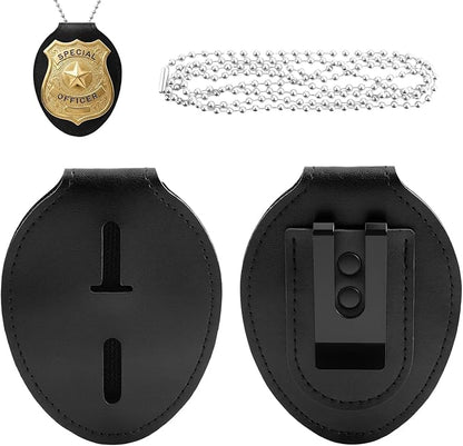 Universal PU Police Badge Holder with Neck Chain and Belt Clip, Heavy Duty Leather ID Case for Oval Shield Law Enforcement Security Badges, Neck Hanging Badge Holder for Detective, Constable