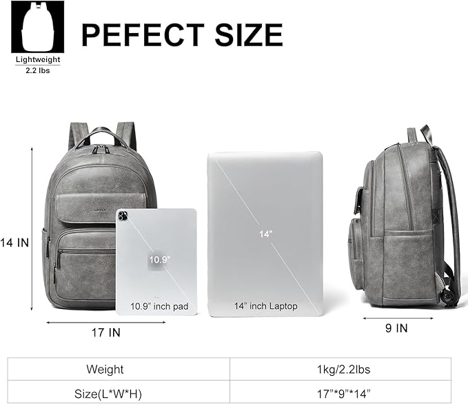 Leresas 37L Backpack Purse for Women Mens for Work Travel Back Pack Purses Vegan Leather Back Pack Fashion Laptop Computer Bag Dark Grey
