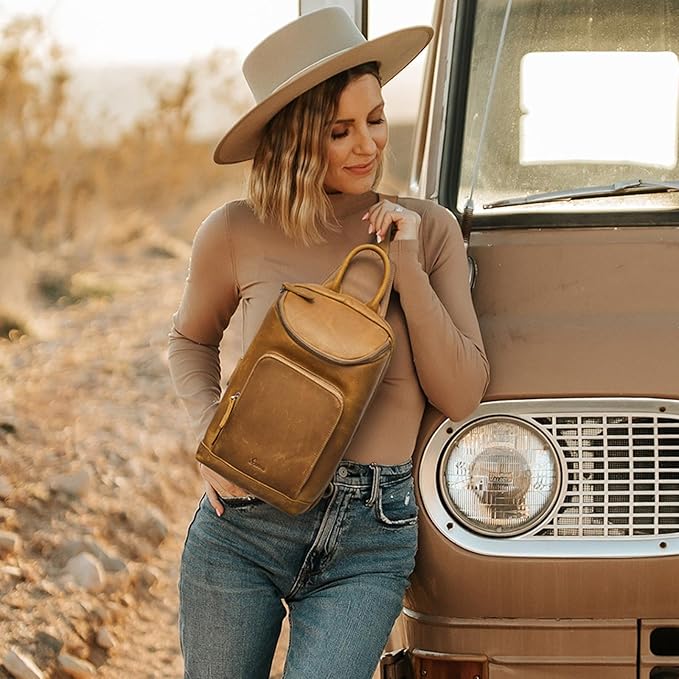 S-ZONE Sling Bag for Women Men Genuine Leather Vintage Crossbody Chest Bags Backpack Daypack Outdoor Travel