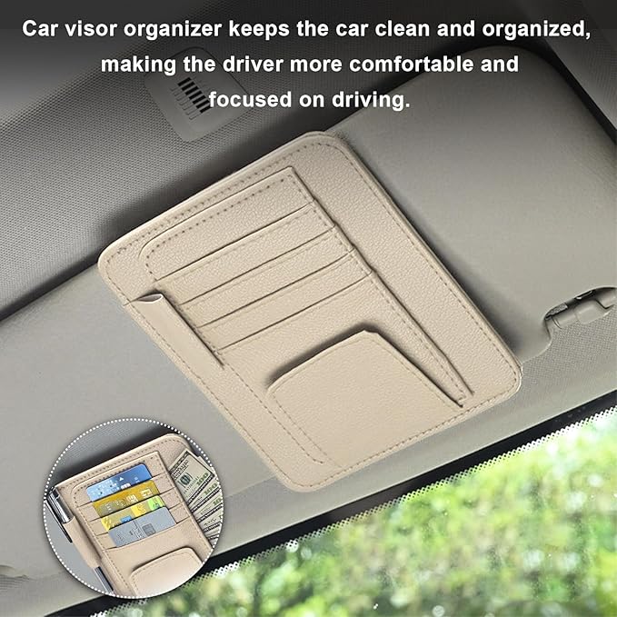 Dickno 2PCS Small Leather Car Sun Visor Organizer, Multifunctional Auto Visor Document Holder with Sunglasses Clip, Universal Car Interior Organizer for Drving License, Card, Pen (Beige)